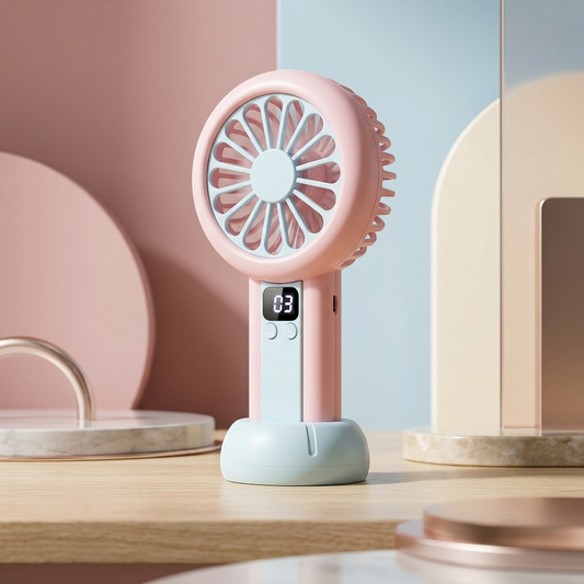 Pink handheld fan with digital display on a wooden surface