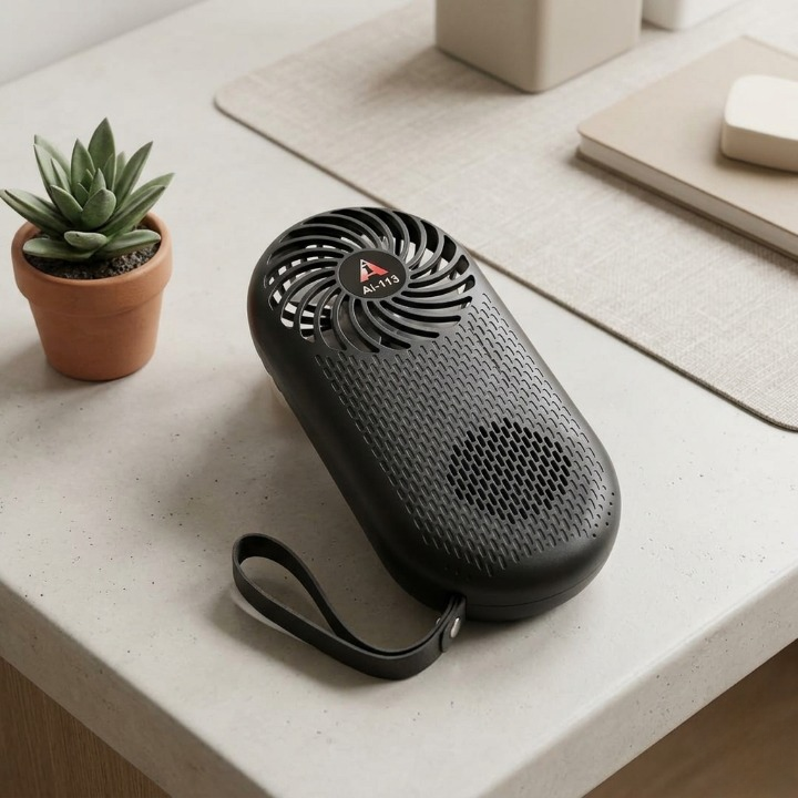 Black portable fan on a light-colored surface with a plant in the background