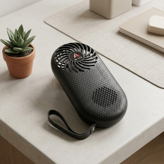 Black portable fan on a light-colored surface with a plant in the background