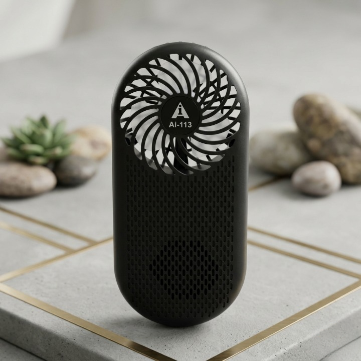 Black portable air purifier on a stone surface with decorative stones and plants in the background