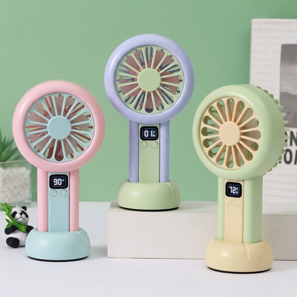 Three colorful handheld fans on a white surface with a green wall background