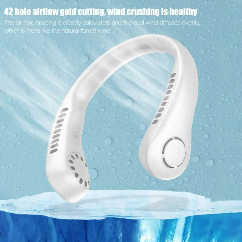 White neck fan with text on a blue background