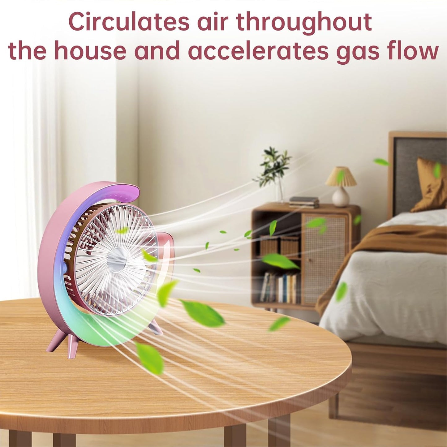 Colorful fan on a table with text about air circulation and gas flow in a room setting.