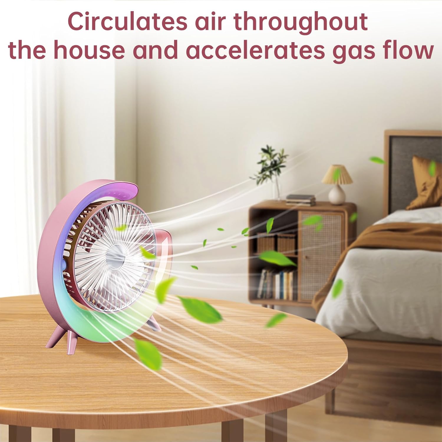 Colorful fan on a table with text about air circulation and gas flow in a room setting.