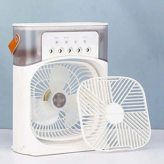 Portable fan with a white and silver design on a light blue background