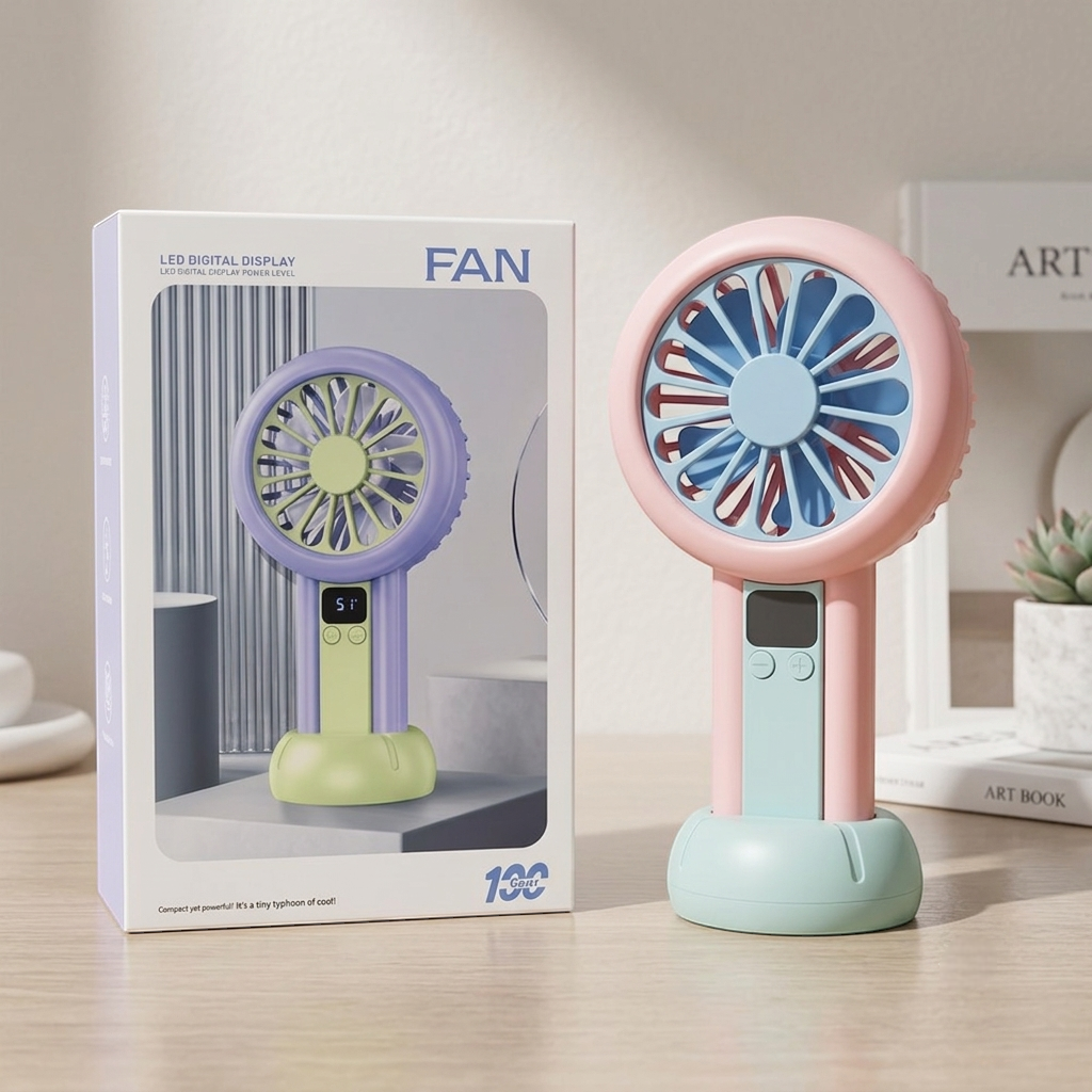 Colorful handheld fan with packaging on a wooden surface