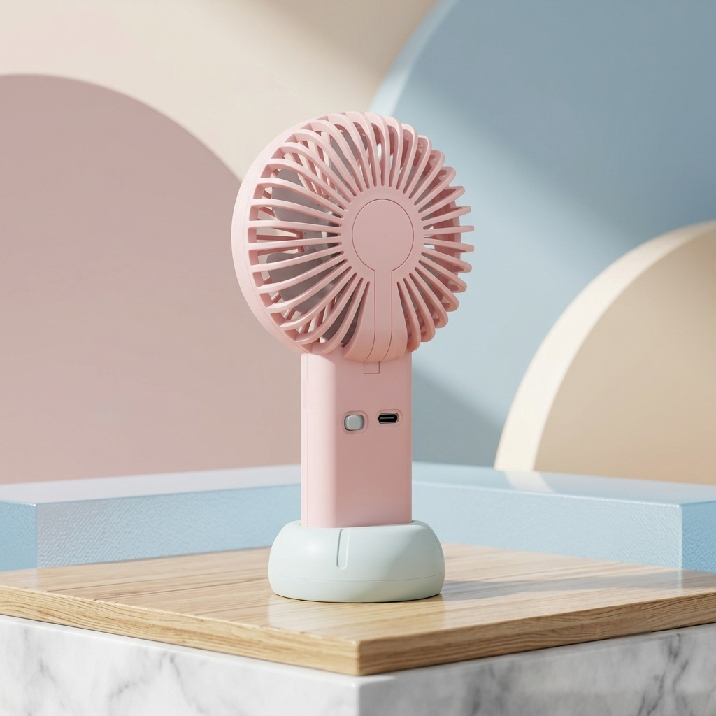 Pink handheld fan on a wooden surface with a pastel-colored background