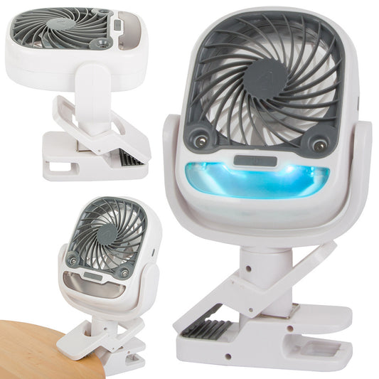 Three angles of a white and gray clip-on fan on a white background